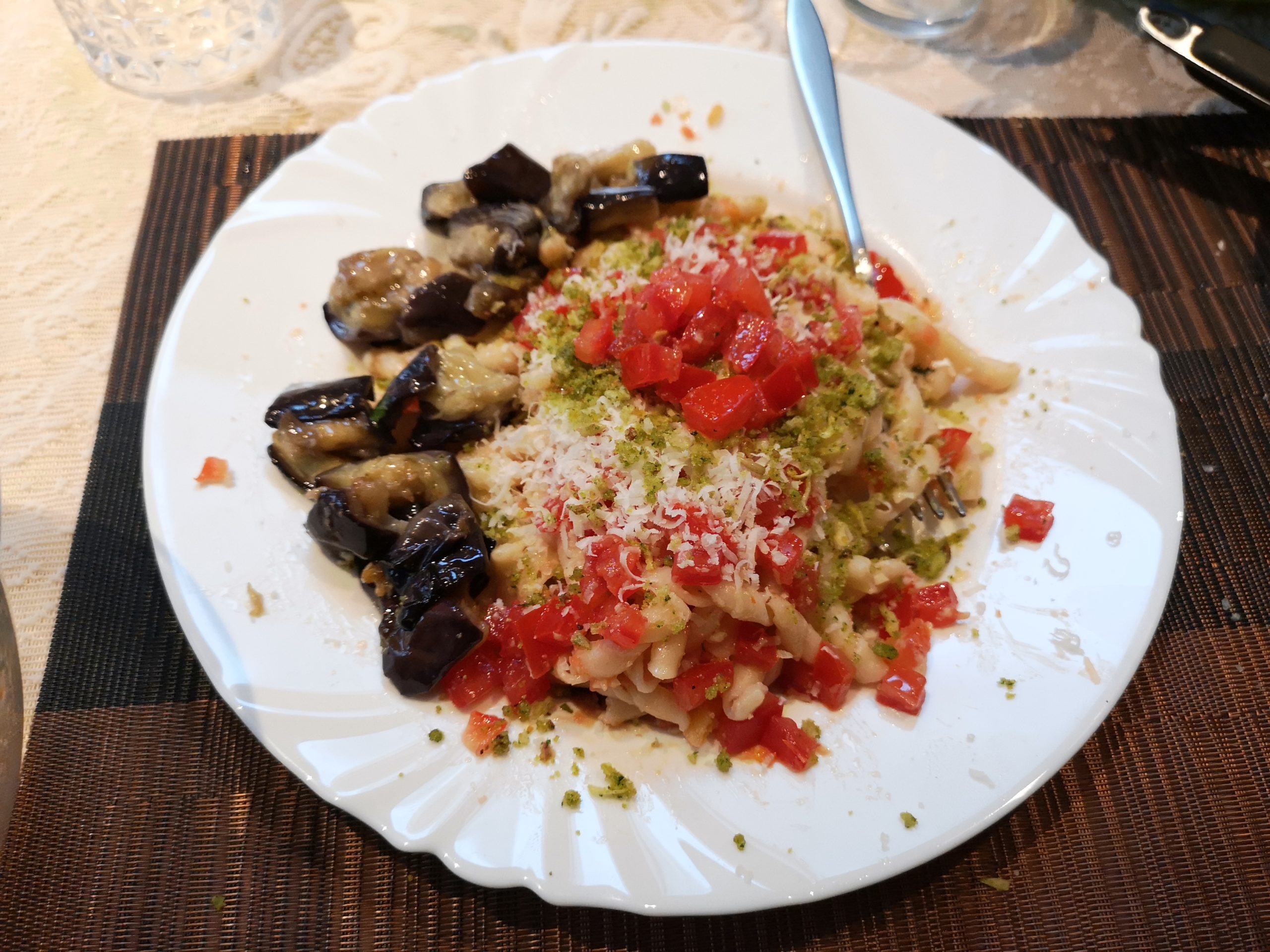 Busiate with pesto trapanese and aubergines